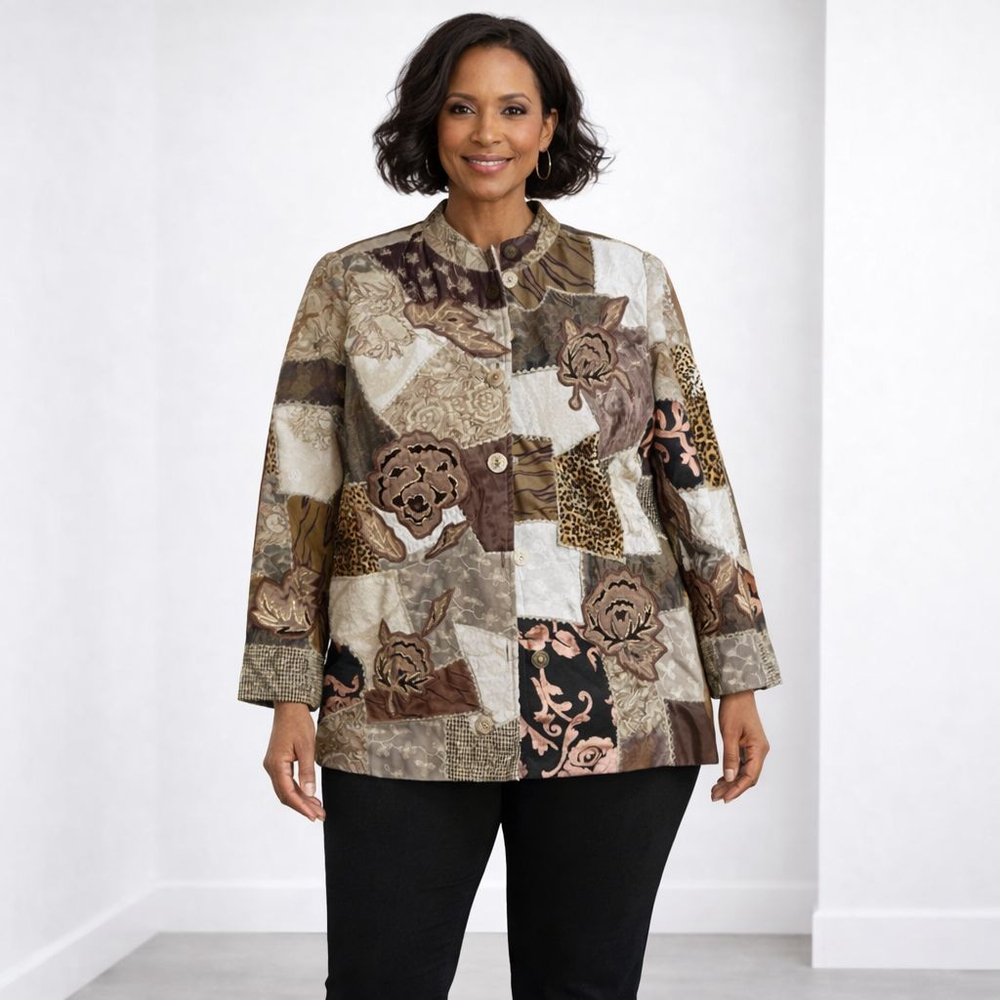 Indigo Moon Patchwork Jacket L Brown Beige - image 1